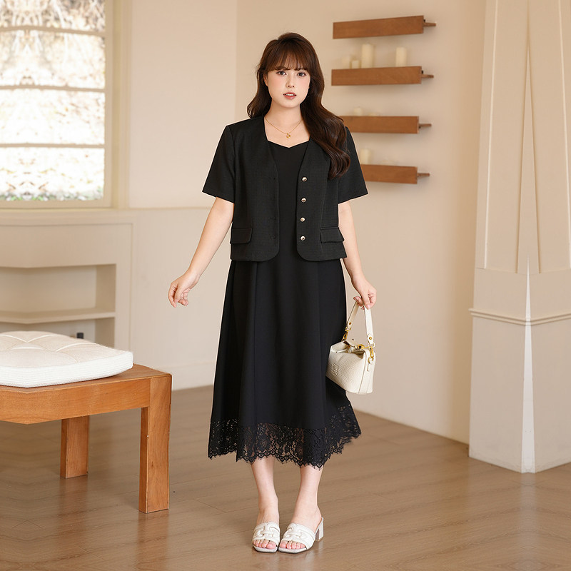 慕翎大码女装夏季黑色两件套胖妹妹mm通勤蕾丝A字裙显瘦气质套装
