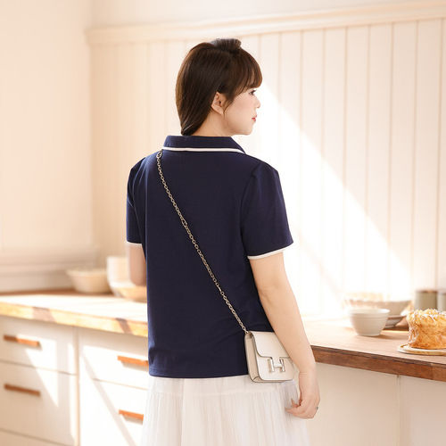 大码女装通勤风polo领短袖T恤女夏季胖MM藏蓝色显瘦百搭减龄上衣