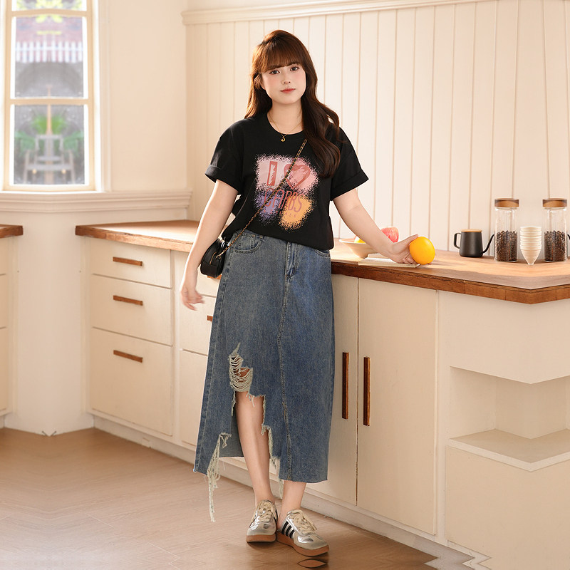 慕翎大码女装夏季遮肉显瘦T恤两件套女牛仔半身裙不对称套装胖MM