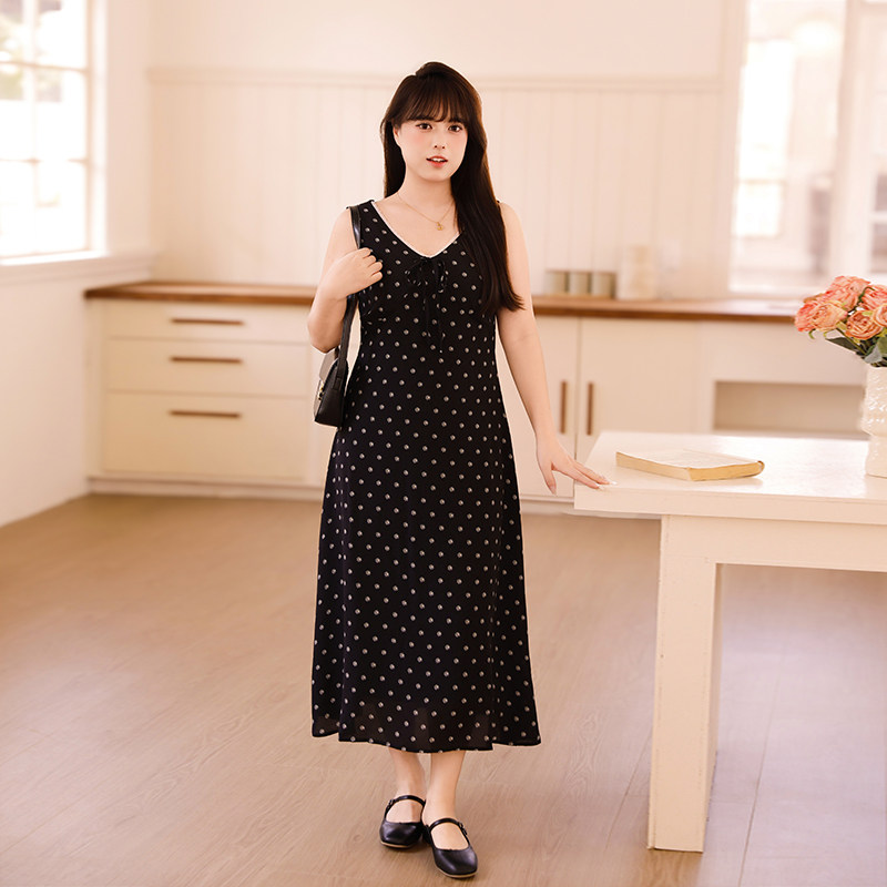 慕翎大码女装黑色波点V领连衣裙胖妹妹mm背心裙遮肉显瘦无袖长裙