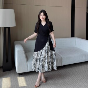 大码女装夏装【东方美学】不规则拼接碎花国风度假大码显瘦连衣裙