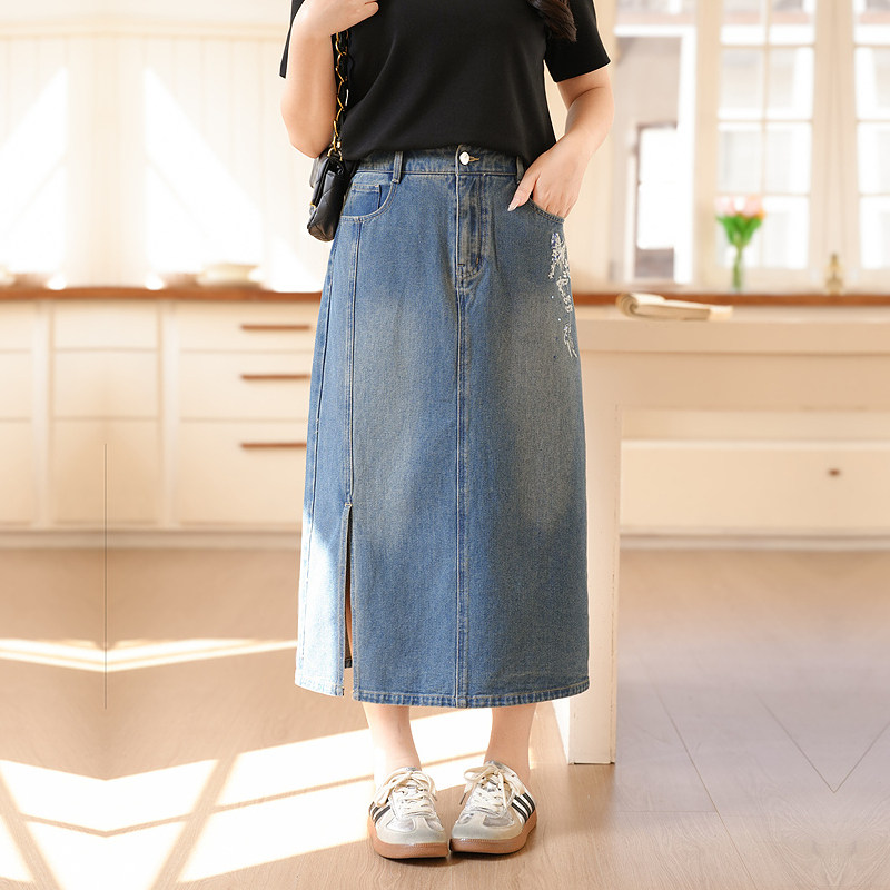 慕翎大码女装夏季韩版牛仔半身裙胖MM显瘦中长款开叉通勤蓝色裙子