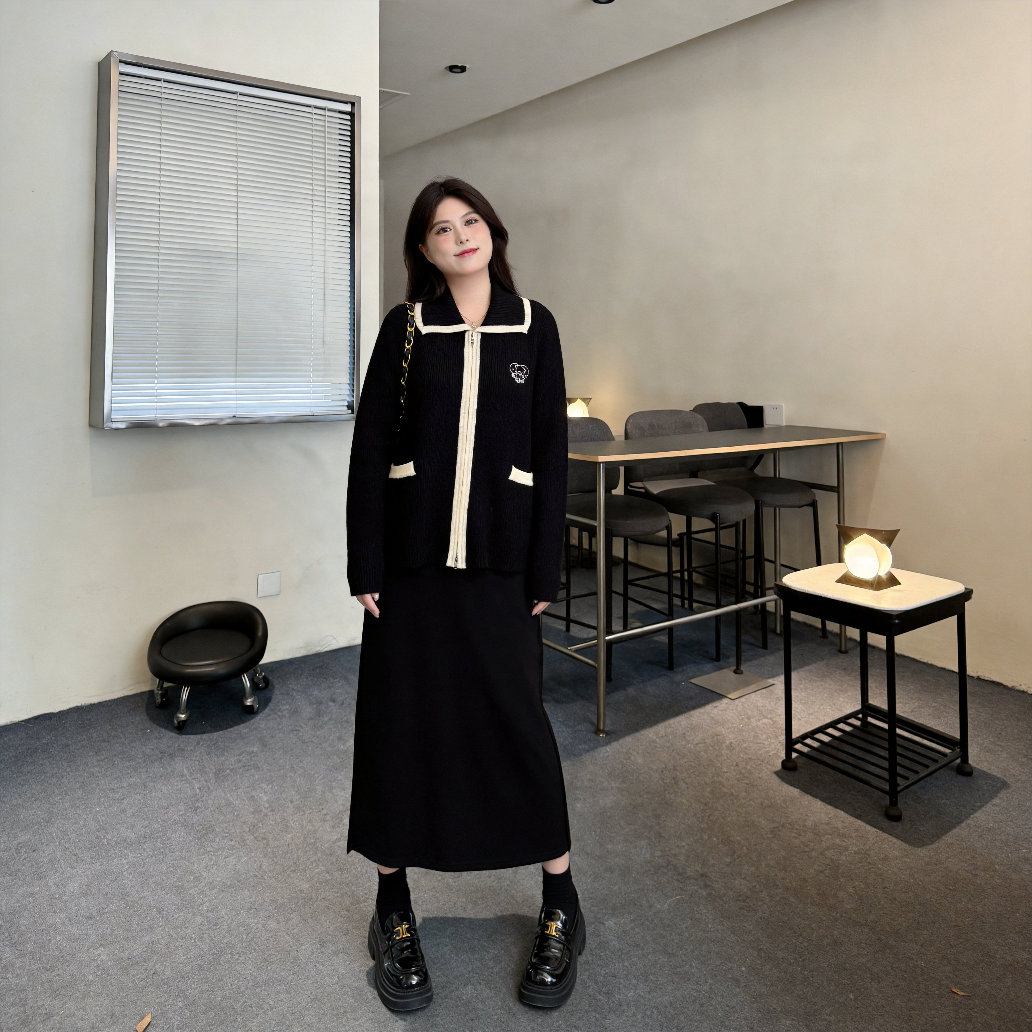 慕翎大码女装小香风套装女秋冬撞色翻领外套半身裙两件套高级感