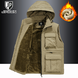 加绒加厚马甲男秋冬防风保暖多口袋工装 连帽背心外套 马夹宽松大码