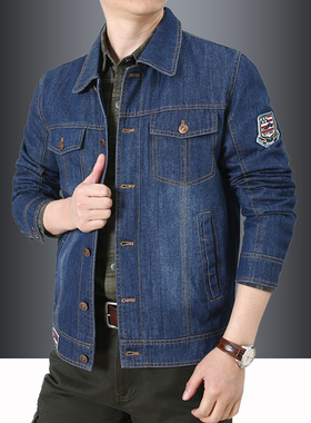水洗男士牛仔外套春秋款美式复古工装夹克翻领上衣春季蓝色牛仔衣