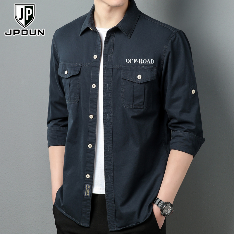 翻领长袖纯棉休闲工装衬衫大码