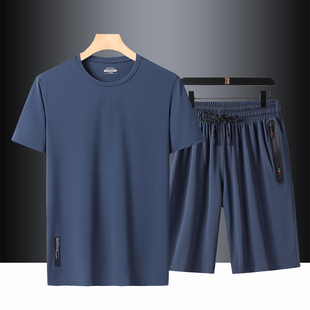 运动服宽松大码 冰丝套装 凉感t恤短裤 夏季 速干凉感两件一套 男短袖