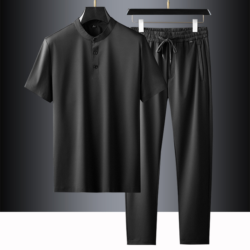 夏季套装男冰丝短袖t恤长裤速干透气跑步运动服丝滑休闲两件一套