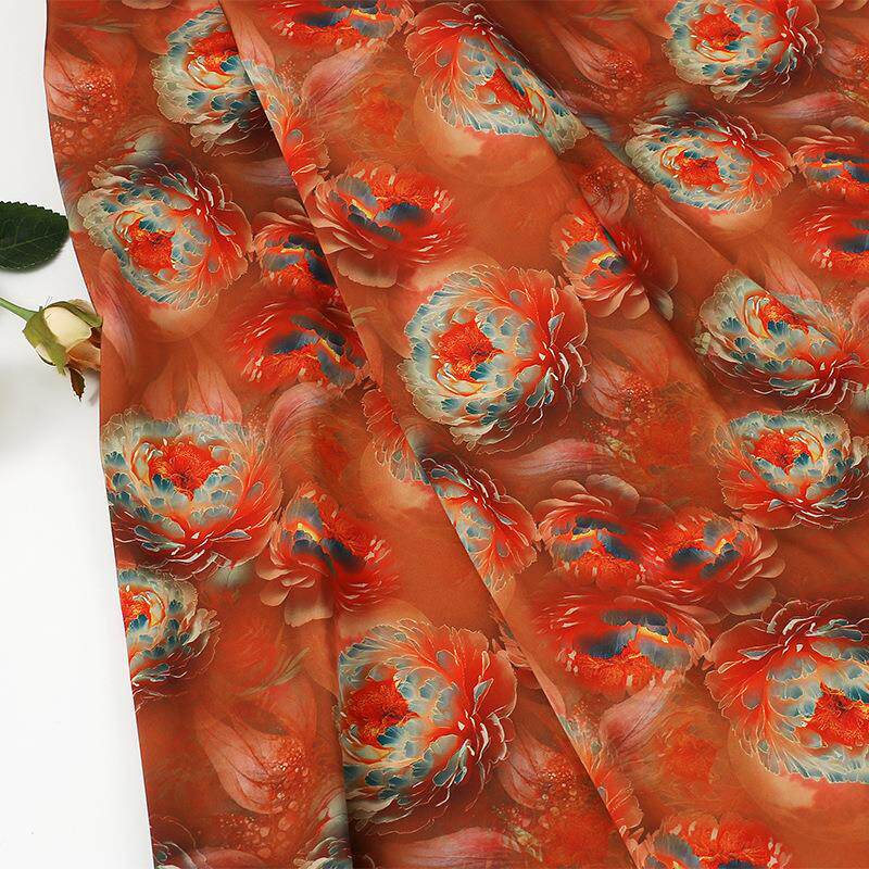 玫瑰有约香云纱醋酸缎 中老年女装旗袍连衣裙服装面料 碎花印花布