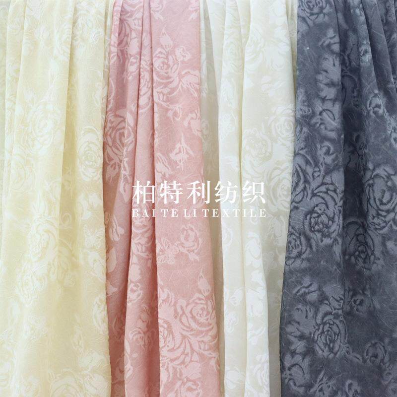 仿雪纺玫瑰烧花烂花布扎染炒色压绉面料童装时尚女装汉服旗袍上衣