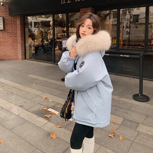 2025年韩版宽松貉子毛连帽白鸭绒工装外套加厚显瘦冲锋衣羽绒服女