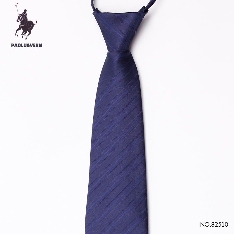 PAOLUVERN深蓝色条纹保罗领带新款男拉链款商务正装8cm宽免打结婚