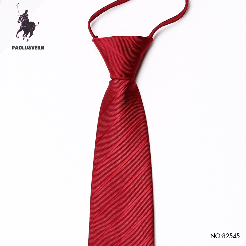 PAOLU&VERN保罗酒红色免打结婚礼新郎伴郎暗红领带条纹男士拉链款