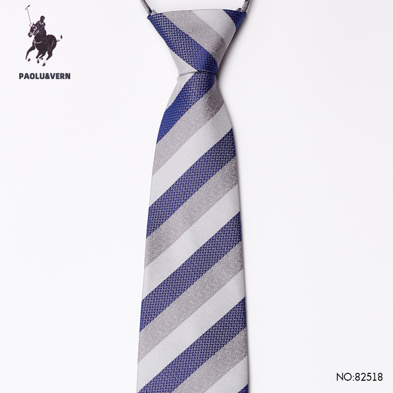 PAOLUVERN保罗领带男士蓝灰条纹拉链款商务正装8cm宽版免打结婚礼