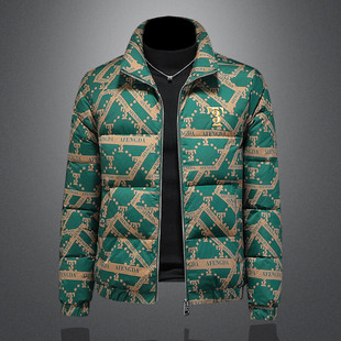 冬装轻奢潮牌欧货立领印花羽绒服修身潮流男款个性帅气羽绒袄外套