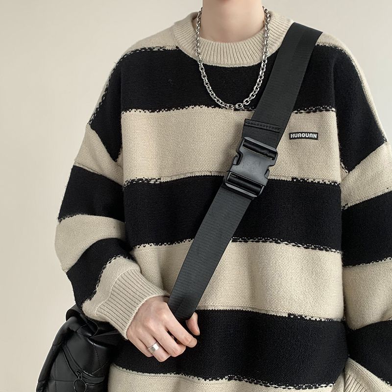 撞色条纹毛衣男日系慵懒风毛衣男冬季美式潮牌高级感针织衫外套