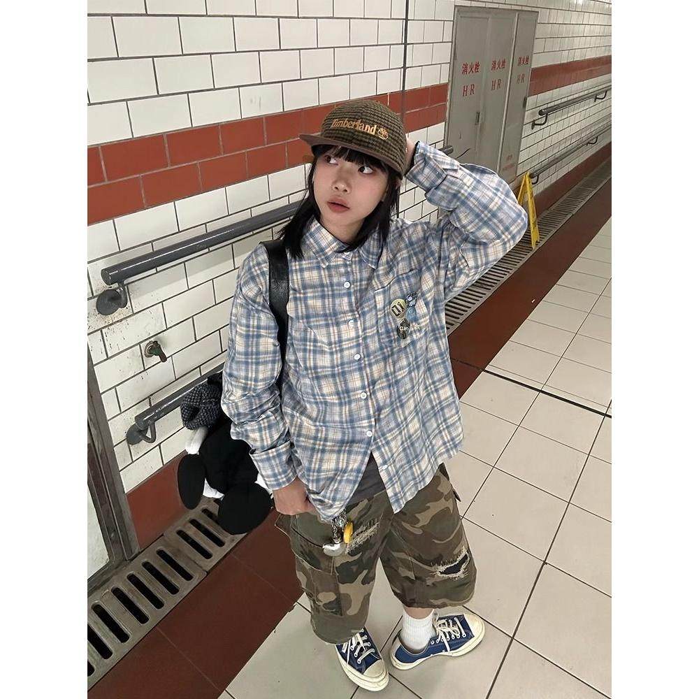 易木易 粉色格子衬衫外套女2025新款夏季韩系宽松长袖防晒衫上衣