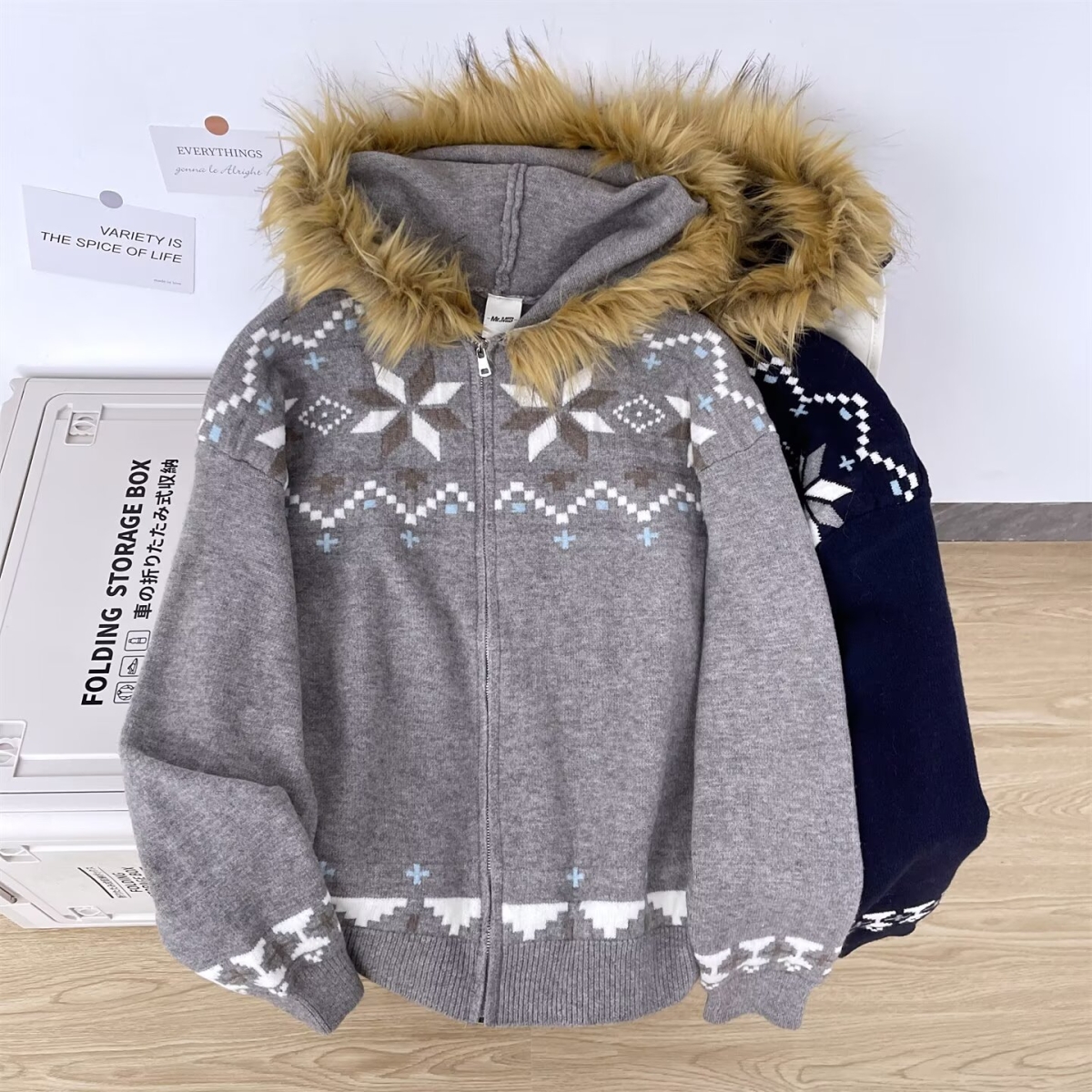 美式高街花纹秋冬重磅纯棉加绒加厚毛领连帽开衫卫衣外套女