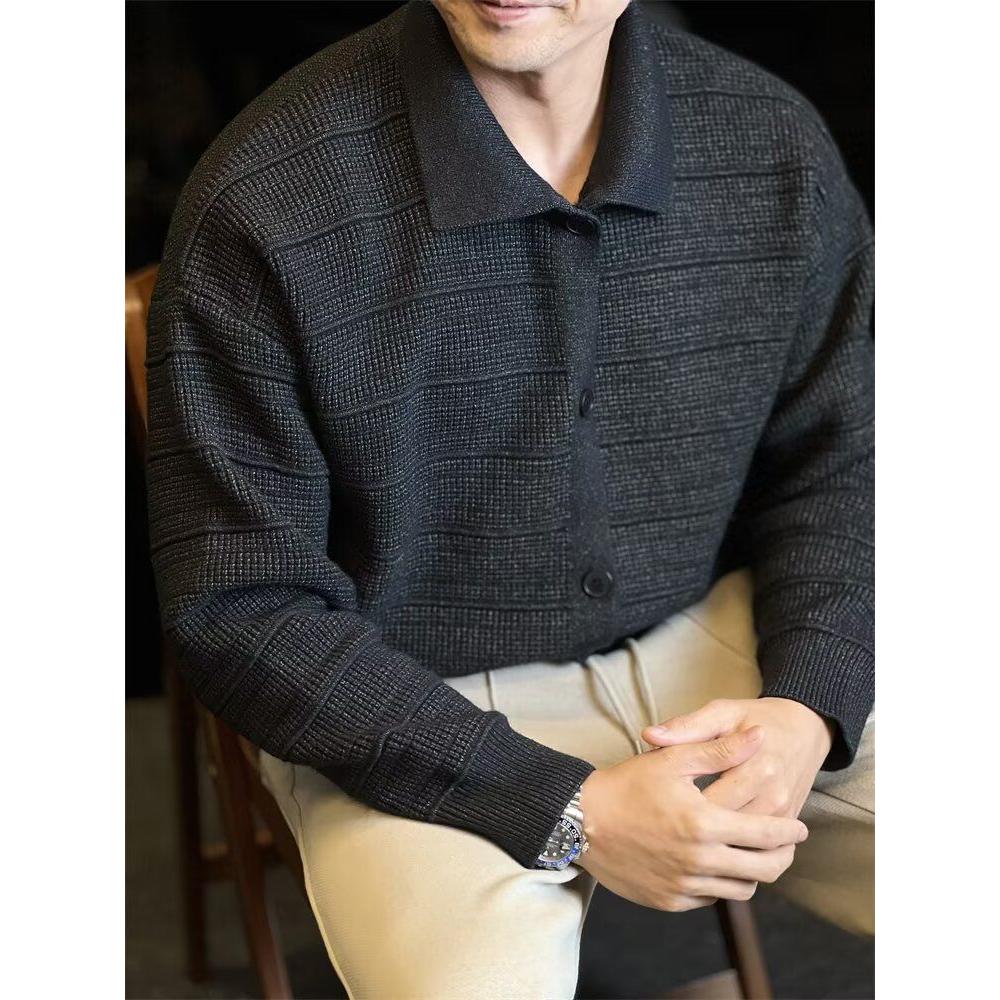 深灰色针织开衫外套男款秋冬慵懒风高级感男装cleanfit翻领毛衣