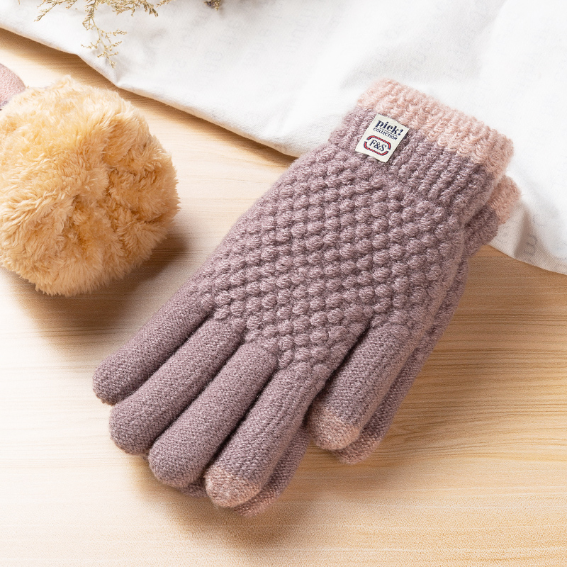 加绒毛线可触屏保暖手套