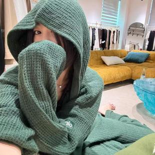 上衣女全拉链连帽衫 Alo华夫格针织开衫 慵懒日系复古休闲外穿外套