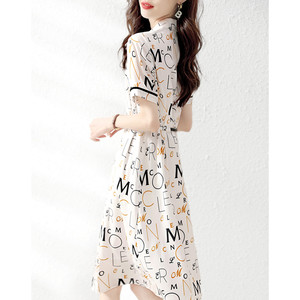 RM6700#仿真丝印花2023夏夏季裙子修身收腰字母气质显瘦连衣裙