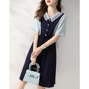 RM8100#海军领2023夏季时尚休闲收腰气质显瘦裙子短袖夏韩版连衣裙