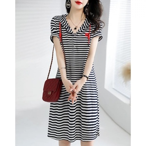 RM6701#夏装新品时尚休闲显瘦连帽条纹连衣裙