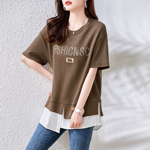 RM9819#欧洲站大码新款假两件铆钉字母短袖T恤上衣宽松胖妹妹女装
