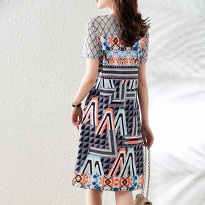 RM8095#夏季时尚气质名媛网纱拼接薄款裙子显瘦印花连衣裙女