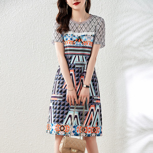 RM8095#夏季时尚气质名媛网纱拼接薄款裙子显瘦印花连衣裙女