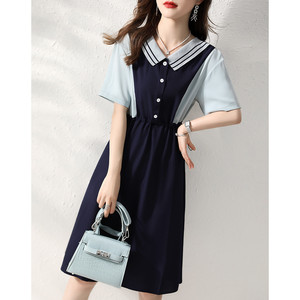 RM8100#海军领2023夏季时尚休闲收腰气质显瘦裙子短袖夏韩版连衣裙