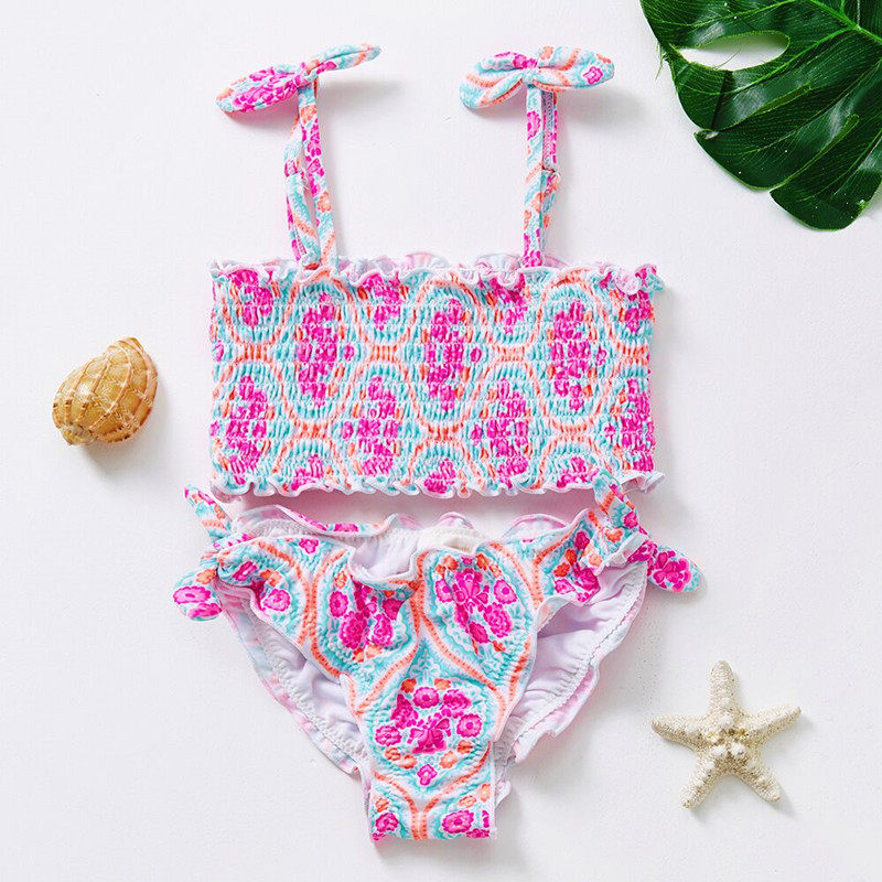 外贸儿童泳衣女孩分体可爱花色清新吊带抽皱三角泳裤宝宝游泳衣夏