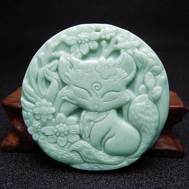 浅绿狐狸圆形吊坠天然贵州翠萌宠玉坠男女款玉石项链挂件玉佩配饰