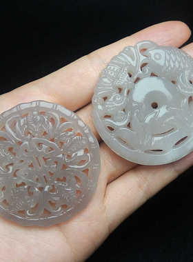 复古烟紫色五福祝寿吊坠天然和田玉连年有余玉坠男女玉石挂件玉佩