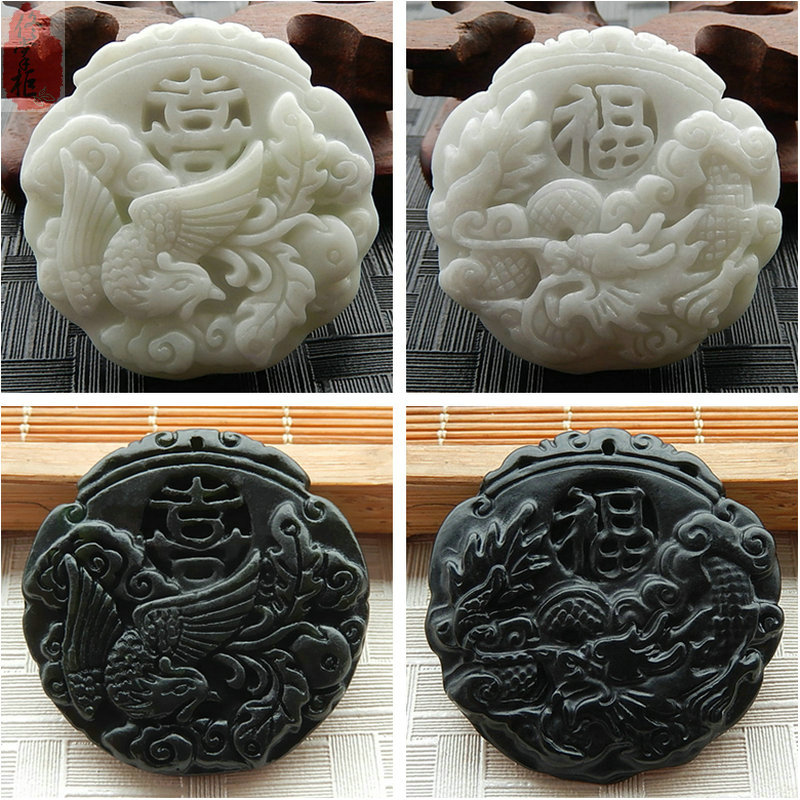 天然蓝田玉墨绿玉福龙喜凤龙凤呈祥玉坠吊坠玉挂件玉吊坠玉石玉佩