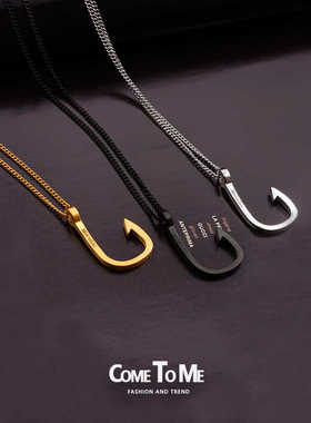 潮牌复古鱼钩船锚造型钩子项链欧美个性海军钛钢饰品情侣吊坠男女