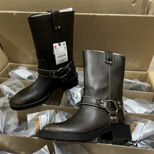 Z家原单复古做旧时尚西部牛仔靴飒朋克风皮带扣大码中筒马丁靴女