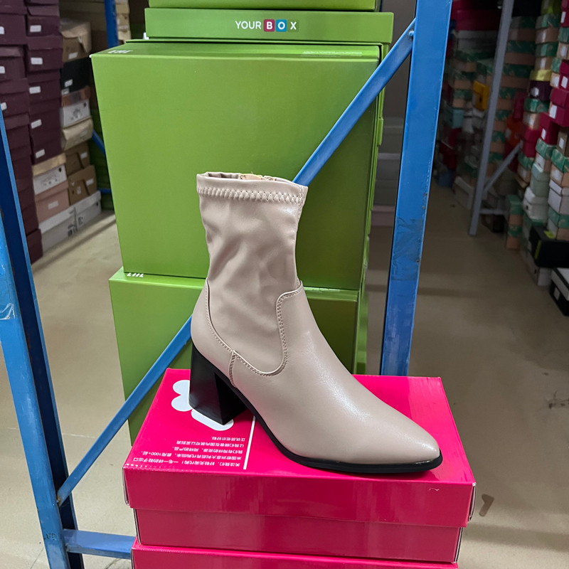 法式风复古时尚女靴尖头粗跟侧拉链瘦瘦靴中筒袜靴,女鞋,弹力靴/袜靴,淘宝优惠券,粉丝福利购,淘宝优惠卷