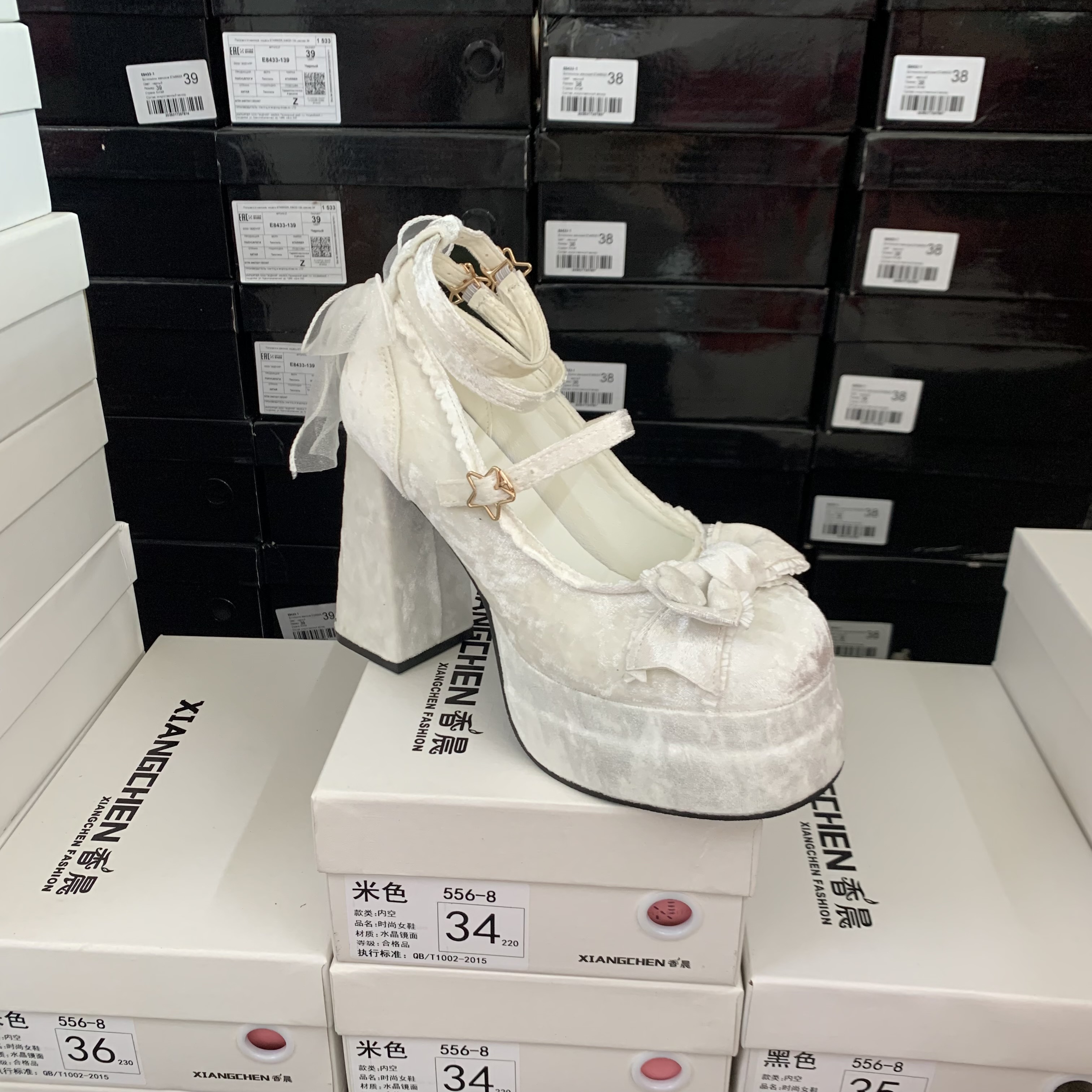 时尚仙女风女鞋圆头蝴蝶结一字带扣粗跟高跟鞋玛丽珍鞋lo
