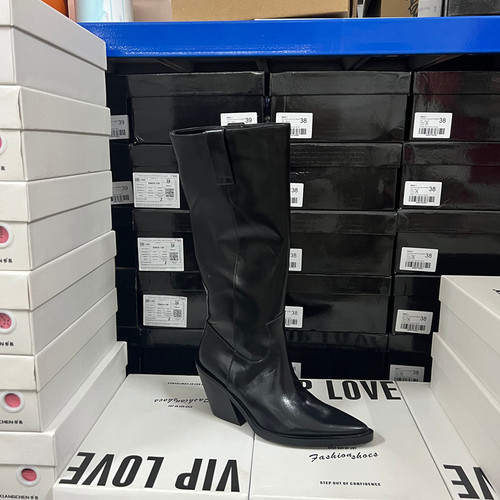 【瑕疵】西班牙轻奢ZA原单英伦风复古尖头粗跟不过膝长靴