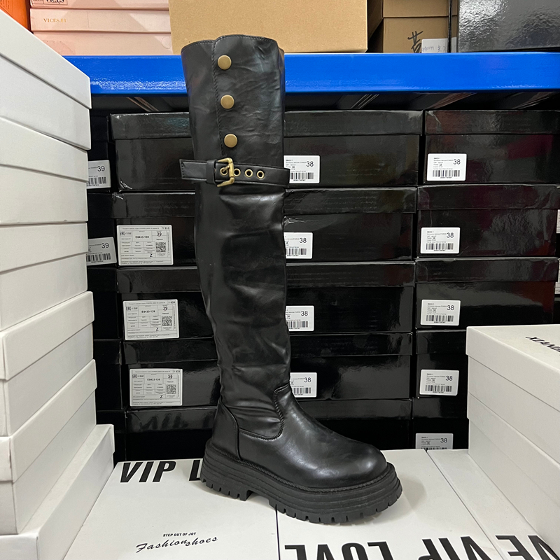 原单外贸出口断码捡漏圆头厚底皮带扣套筒过膝高筒长靴