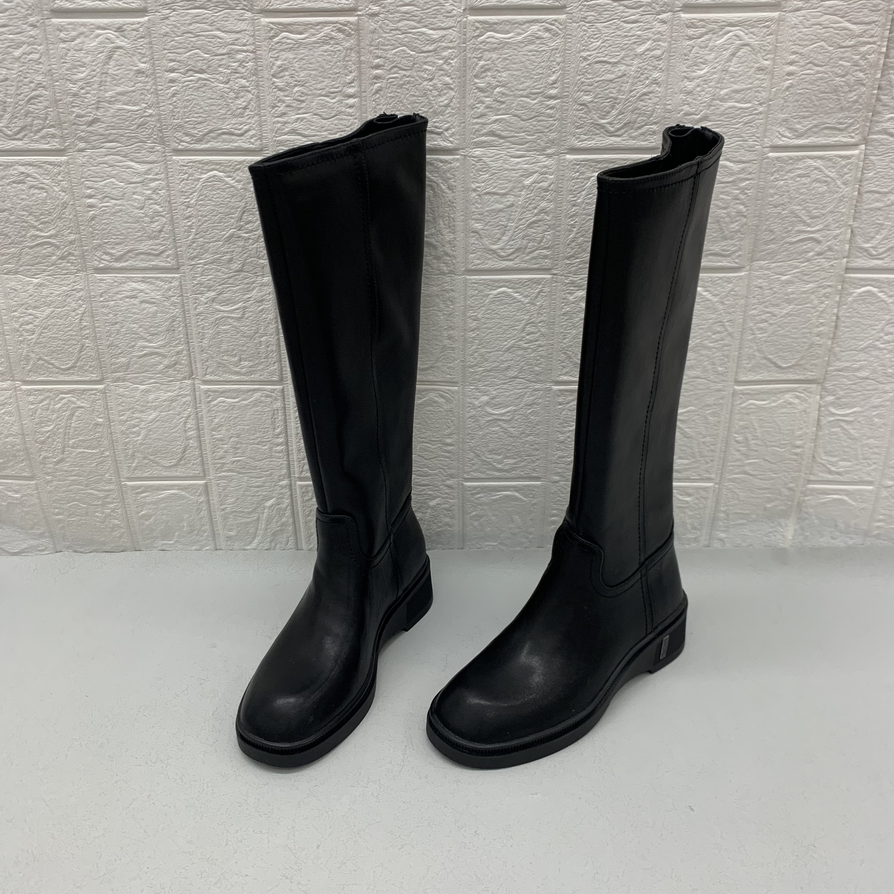 冬季百搭！真皮外贸纯原出口女靴圆头厚底坡跟加绒不过膝显瘦长靴