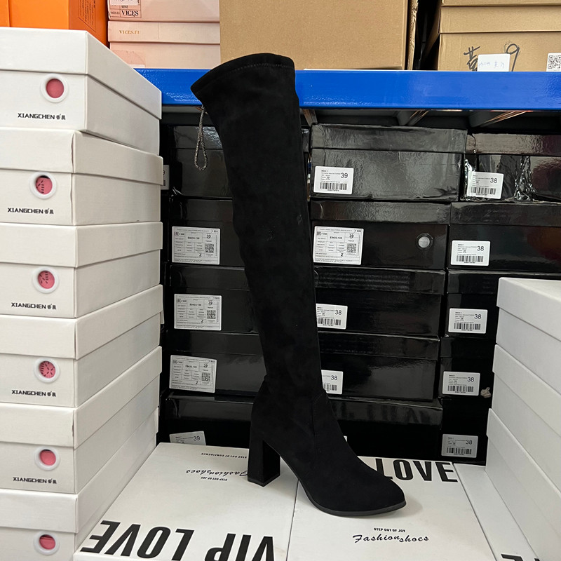 黑色时尚女鞋方头粗高跟弹力女冬季瘦瘦过膝高筒长靴,女鞋,弹力靴/袜靴,淘宝优惠券,粉丝福利购,淘宝优惠卷