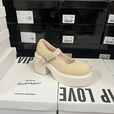 撤柜断码捡漏 法式加绒毛毛玛丽珍鞋女粗跟厚底浅口绒面高跟鞋