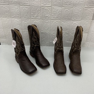 时尚精品外贸原单出口女鞋方头刺绣粗跟中筒骑士靴西部靴