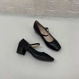 出口法国外贸单方头一字扣玛丽珍鞋女粗跟百搭优雅软垫工作单鞋