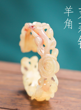 纯手工雕刻镂空茉莉手镯古风送女友礼物女款手环精雕天然羊角镯子