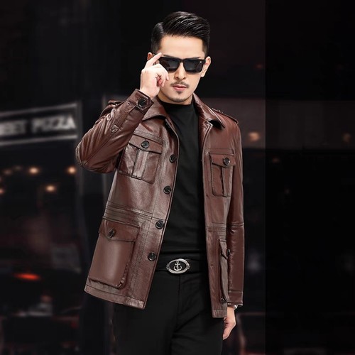 新款2025海宁头层小牛皮爆款修身翻领夹克时尚潮流真皮羽绒外套男