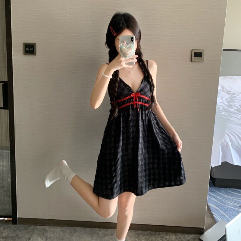 甜美梭织格子吊带睡裙女带胸垫夏季V领中长款可外穿小清新家居服